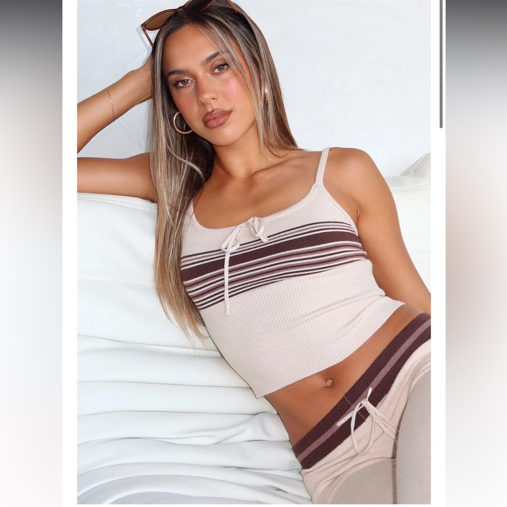 White Fox Boutique Beige and Brown Striped Keep Driving Tank Top